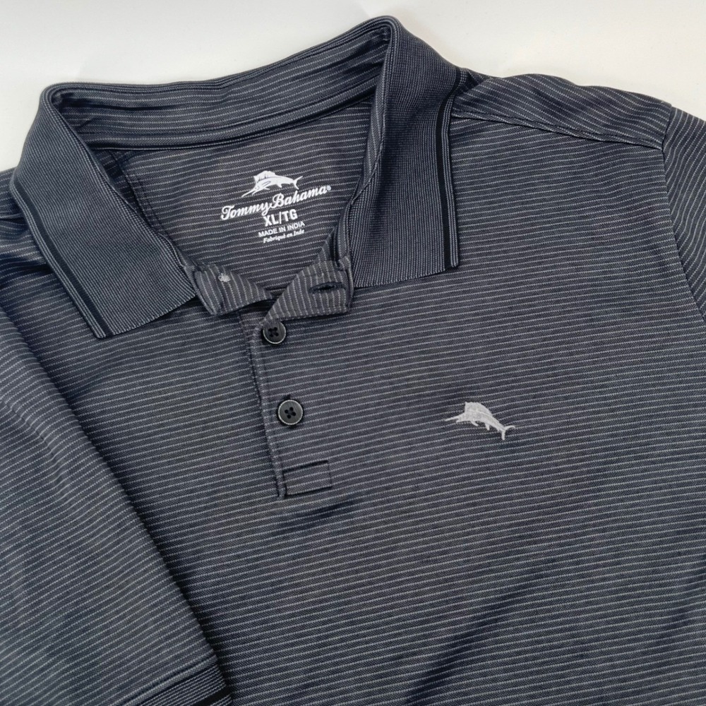 Tommy Bahama Polo Shirt Mens XL Black Gray Striped Short Sleeve Marlin Logo